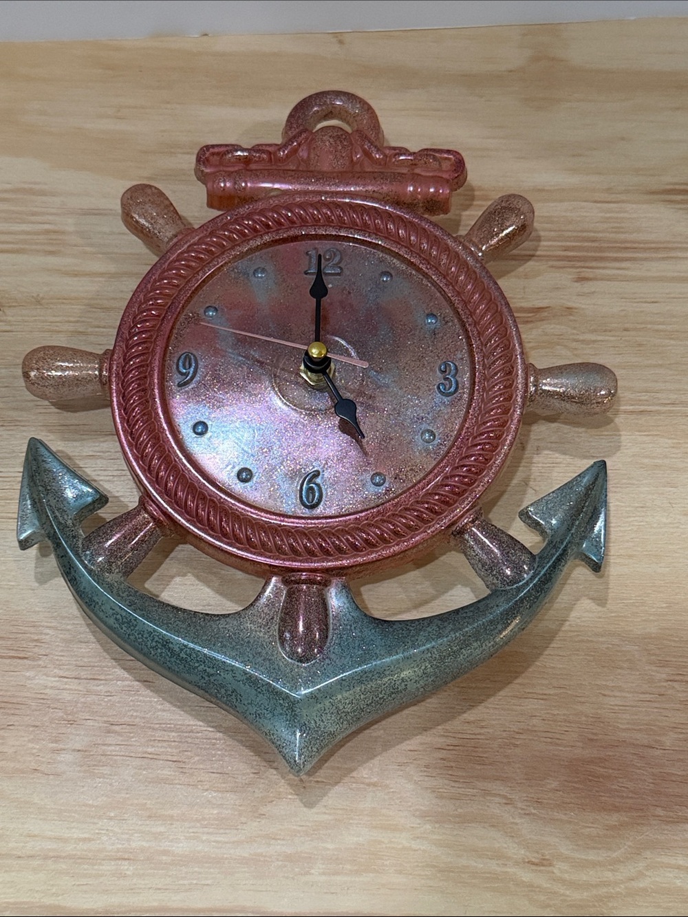 Coastal Ship Wheel Wall Clock in Copper and Teal